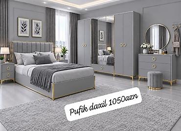 Müasir dizaynlı yataq otağı dəsti – boz rəngdə, qızılı detallar ilə