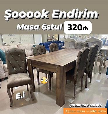 ucuzluq mebel evi: Masa və 6 stul dəsti - Müasir dizaynlı, taxta teksturalı yemək masası — 1