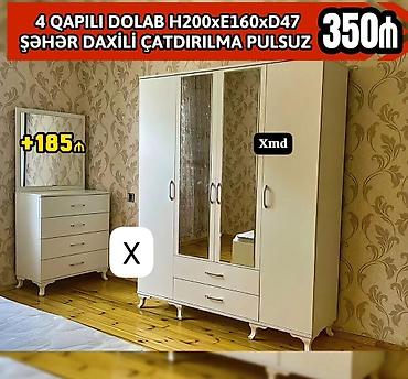 guzgu komod: 4 qapılı dolab – ölçülər: H200 x E160 x D47 sm. İki aynalı orta qapı — 1