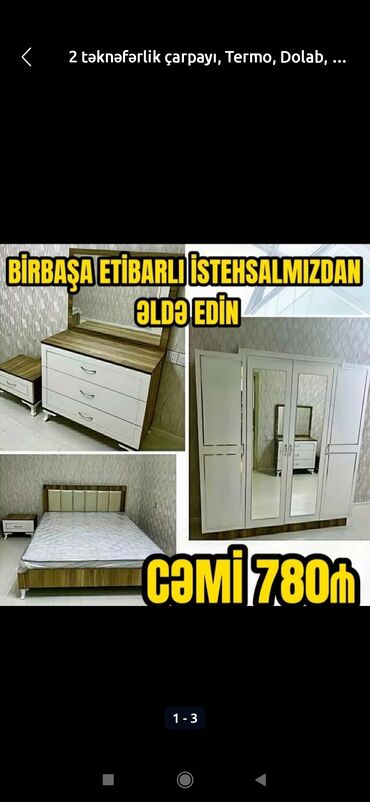 Yataq otağı dəstləri: İkinəfərlik çarpayı, Dolab, Termo, 2 tumba, Azərbaycan, Yeni — 18