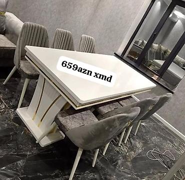 gul sekilleri: Ağ rəngli yemək masası və 6 ədəd stul dəsti. - Dizayn: Parlaq ağ üst — 1