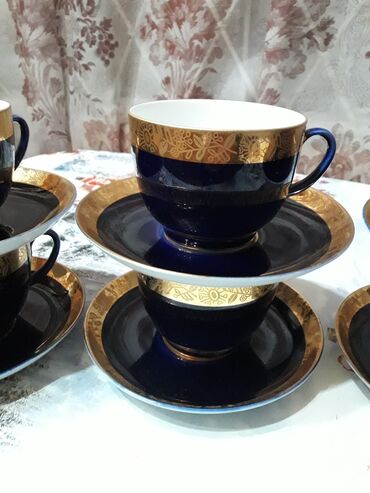 синяя посуда: Винтажные чайные пары 6шт.ленинградский фарфоровый завод.состояние