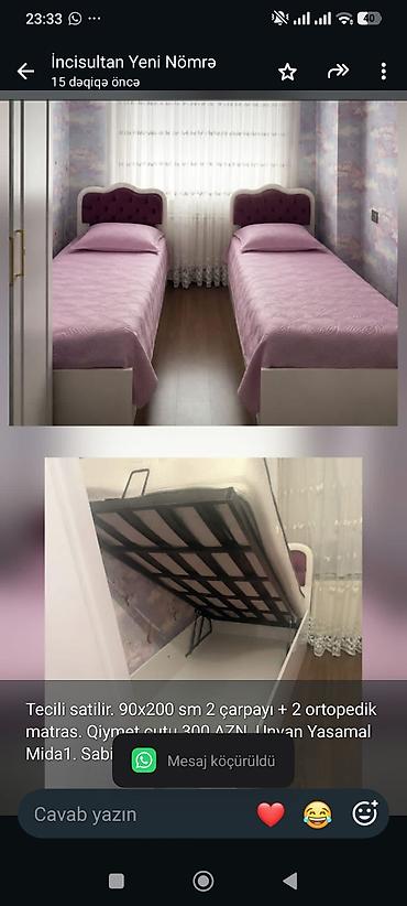 Tecili satilir. 90x200 sm 2 çarpayı + 2 ortopedik matras. Qiymet cutu