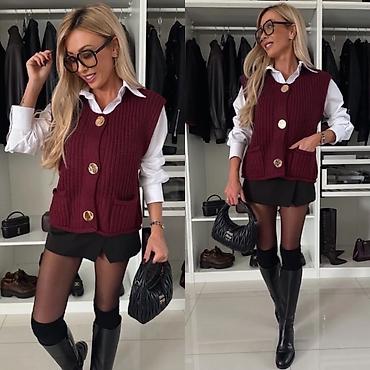 Prsluci: 🔥Pleteni ženski prsluk sa kratkim rukavima i velikim dugmadima 1700 — 10