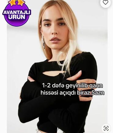 Рубашки и блузы: Qara rəngli qadın bluzası - Model: kəsik detallı crop top - Ön hissədə