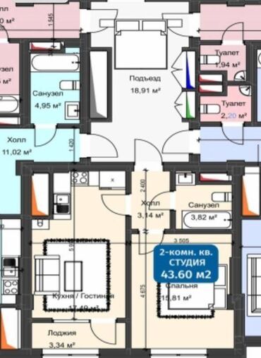 квартира рассрочку: 1 комната, 43 м², Элитка, 11 этаж, ПСО (под самоотделку)