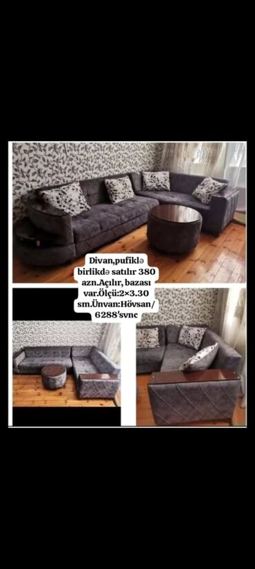 ev üçün qapı: Divan,pufiklə birlikdə satılır 380 azn.Açılır, bazası var.Ölçü:2×3.30