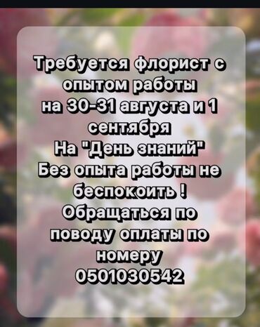 работа на каждый день с ежедневной оплатой: Требуется флорист с опытом работы для выполнения задач, связанных с
