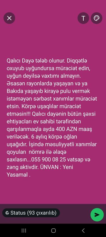 daye sirketi: Qalıcı Dayə axtarılır. Yaş 30-50