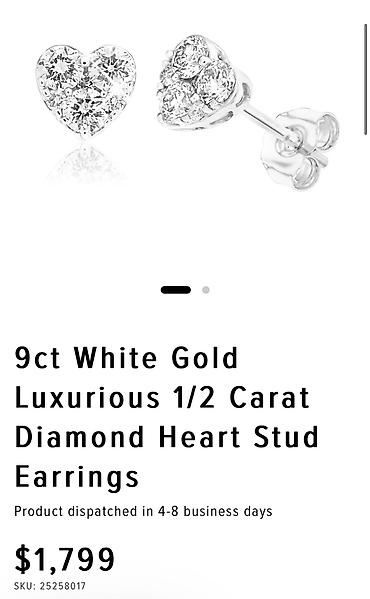 пусеты золотые: 9ct White Gold Luxurious 1/2 Carat Diamond Heart Stud Earrings Brand — 2