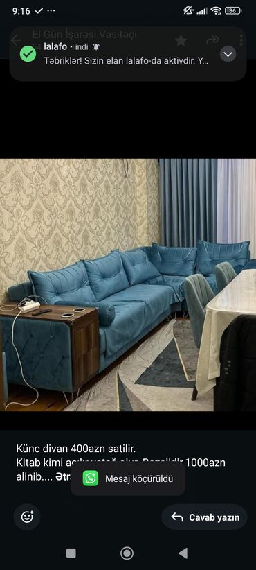 Divanlar: Künc divan, İşlənmiş, Çatdırılma yoxdur