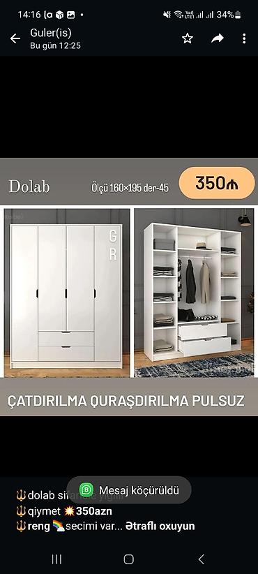 Sifarişlə ev mebeli: 🔱dolab sifarisle yigilir 🔱qiymet *💥350azn* *🔱reng* 🌈secimi var 🔱ölcu — 1