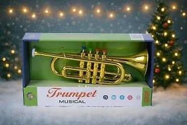 Muzički instrumenti za decu: Muzička truba – dečja igračka - Sjajna zlatna truba u kutiji “Trumpet — 8