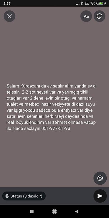 kurdaxani: Kürdaxanıda satılır: 2.2 sot həyəti olan ev. Həyətdə yarımçıq tikili — 1