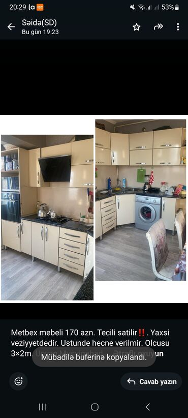 Mebel: Metbex mebeli 170 azn. Tecili satilir‼️. Yaxsi veziyyetdedir. Ustunde