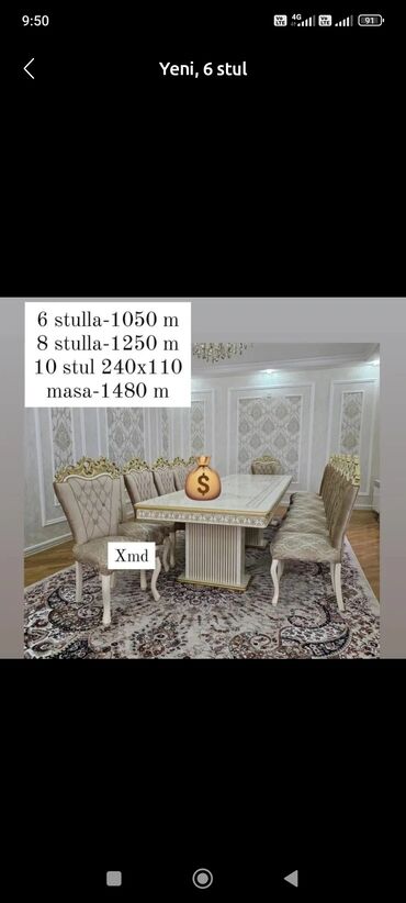 Masa və oturacaq dəstləri: Qonaq otağı üçün, Yeni, Açılmayan, Dördbucaq masa, 6 stul — 20