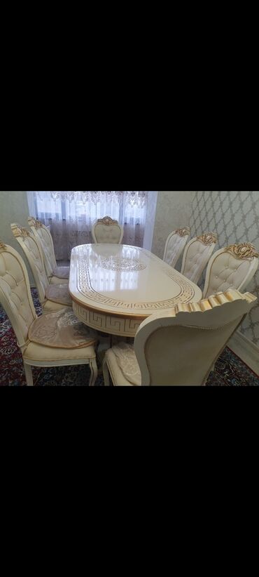 Qonaq otağı üçün, İşlənmiş, Açılmayan, Dördbucaq masa, 8 stul, Azərbaycan