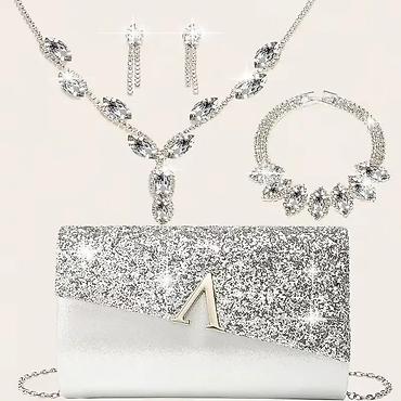 tod's torbe: Svečani set: srebrna šljokičasta torbica + komplet nakita od kristala — 3