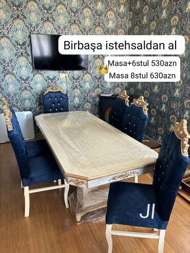 ev ucun stol stul: Qonaq otağı üçün, Yeni, Açılmayan, Dördbucaq masa, 6 stul, Azərbaycan