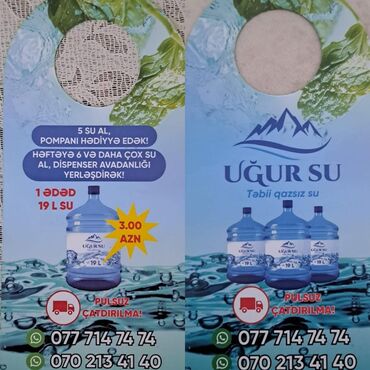 Su: Uğur Su – təbii qazsız içməli su - 19 litrlik butulka (1 ədəd – 3.00