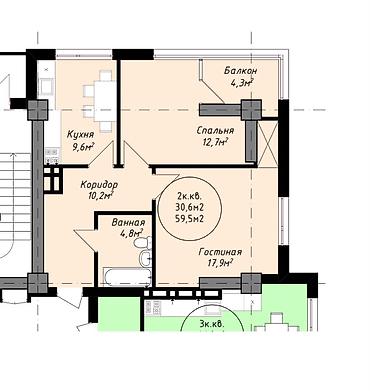 jalalabad flat: 2 комнаты, 60 м², Шлагбаум Элитка, 4 этаж, ПСО (под самоотделку) — 2