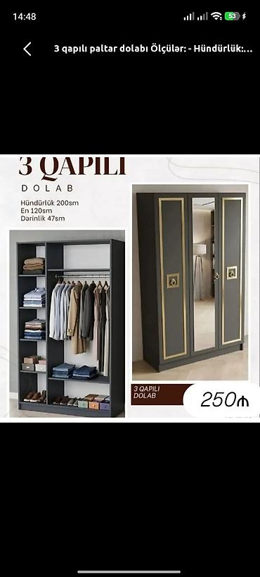 Dolablar: Yeni, 3 qapılı, Güzgülü, Boz, Açılan, Düz dolab — 1
