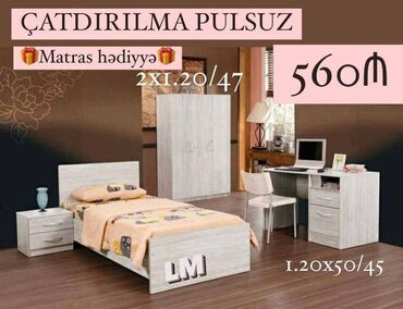 Divan və masa dəstləri: Gənc yataq otagi mebeli ÇARPAYI+DOLAB+Yazı masası+tumba Yeni və