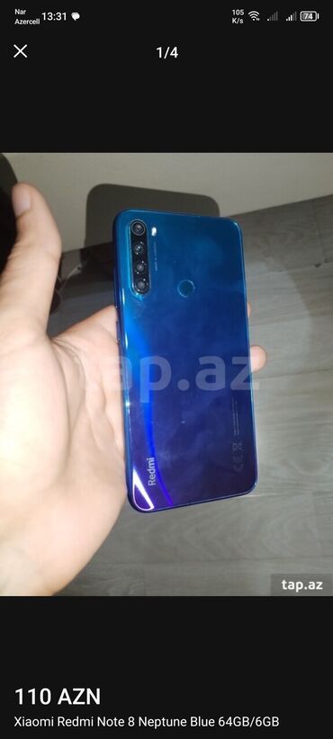xiomi mi8: Xiaomi Redmi Note 8, 64 GB, rəng - Göy, 
 Zəmanət, Sensor, Barmaq izi