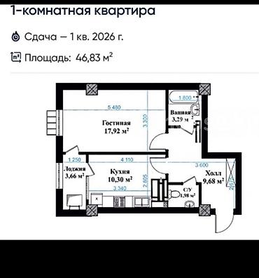 Продажа квартир: 1 комната, 44 м², Пишпек Индивидуалка, 13 этаж, ПСО (под самоотделку) — 3