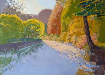 картины из дерева: Картина темперой "Осенний мозаичный свет", 70х50. Свет осеннего солнца