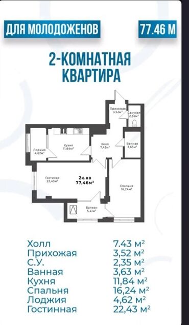 вторичное жилье: 2 бөлмө, 78 кв. м, Элитка, 8 кабат, ПСО (өзү оңдоп түзөтүп бүтүү үчүн)