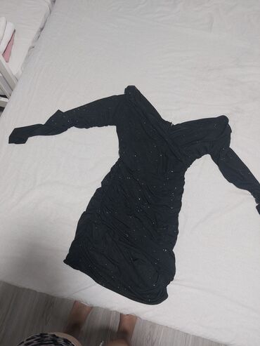crna lanena haljina: L (EU 40), bоја - Crna, Koktel, klub, Dugih rukava