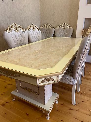 islenmis mebel satisi: 10 nəfərlik qonaq otağı üçün dəst stol-stul Stul(oturacaq) 6 ədəddir — 3