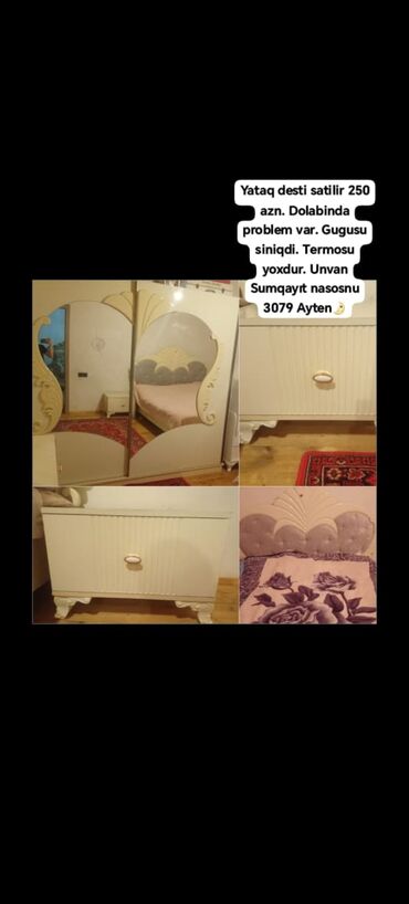 Ev və bağ: Yataq desti satilir 250 azn. Dolabinda problem var. Gugusu siniqdi