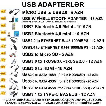 Digər kompüter aksesuarları: ⭐USB2.0 to Micro SD – 5 AZN ⭐USB2.0 to Ethernet RJ45 100Mbit – 12 AZN