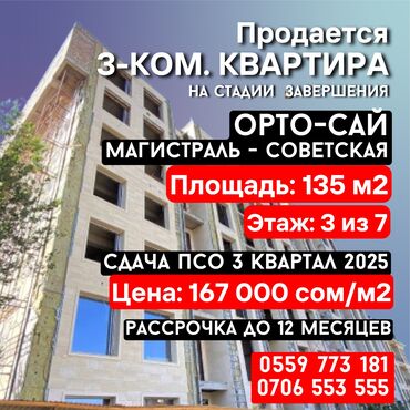 элит хаус квартиры: 3 комнаты, 135 м², Элитка, 3 этаж, ПСО (под самоотделку)