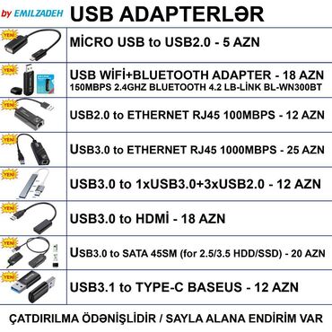 Digər kompüter aksesuarları: USB Adapterlər 🚚Metrolara və ünvana çatdırılma var, ❗ÖDƏNİŞLİDİR❗