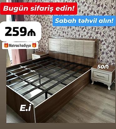 işlənmiş çarpayı: Modern ikinəfərlik çarpayı dəsti - Material: taxta korpus, möhkəm — 1