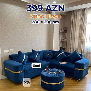 metbext mebelleri: Künc divan – 280 × 200 sm Qiymət: 399 AZN - Zəngin mavi rəngli — 1