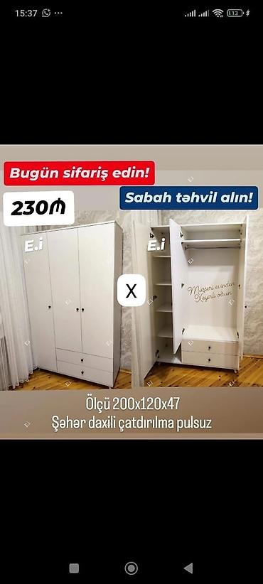 Ev üçün mebel: Ağ rəngli 3 qapılı paltar şkafı - Ölçü: 200 x 120 x 47 sm - Daxili — 1