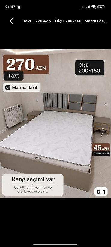 taxt 2 nəfərlik: Taxt – ölçü 200×160 - Komplektdə matras daxildir - Yumşaq başlıq — 1