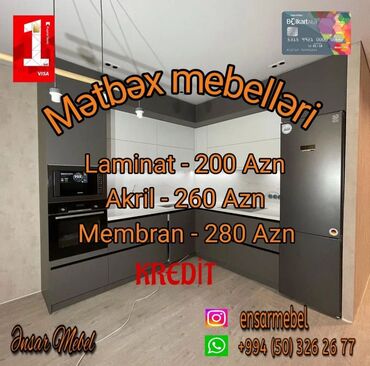 mətbəx mebeli qiymətləri: Qi̇ymət 1kv ai̇ddi̇r lami̇nat - 1kv 200azn akril -260azn