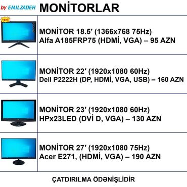 Masaüstü kompüterlər və iş stansiyaları: Monitorlar “18,5, 22, 23, 27’ ” 🚚Metrolara və ünvana çatdırılma var