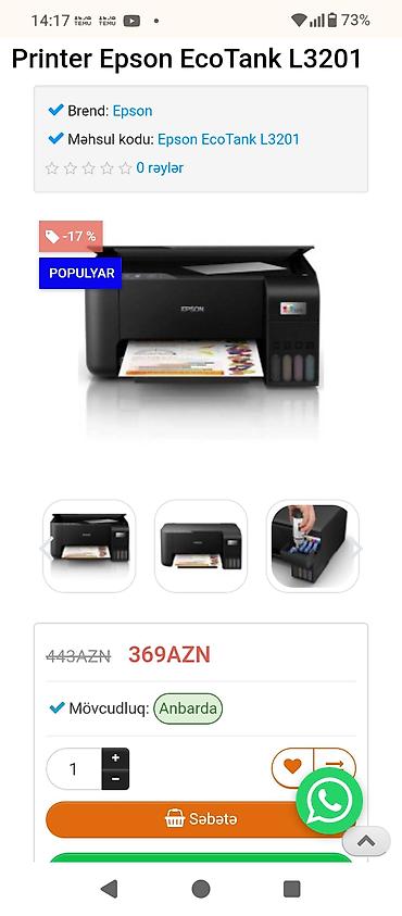 bk 1800: Epson EcoTank L3201 printer - Brend: Epson - Model/Məhsul kodu: Epson — 1