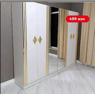 qapi perdeleri: Ağ rəngli 4 qapılı dolab – klassik qızılı detallar və böyük güzgü — 1