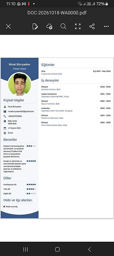 restoran işi: Ofisiant, Kişi, 25 yaş, 5 ildən artıq təcrübə — 1