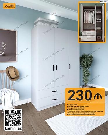 Dolablar: 3 qapılı dolab, sadə və minimal dizaynı ilə yataq otağı, dəhliz və — 1