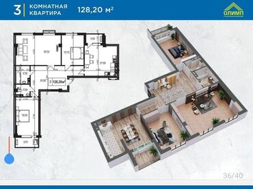 Продажа квартир: 3 комнаты, 128 м², Элитка, 3 этаж, ПСО (под самоотделку)