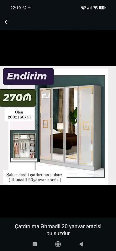 Güzgülü 4 qapılı paltar şkafı - Ölçü: 200 x 160 x 47 sm - Ön tərəfdə
