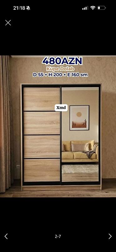 Kupe dolab – sürgülü qapılı model Ölçülər: Dərinlik 55 sm × Hündürlük